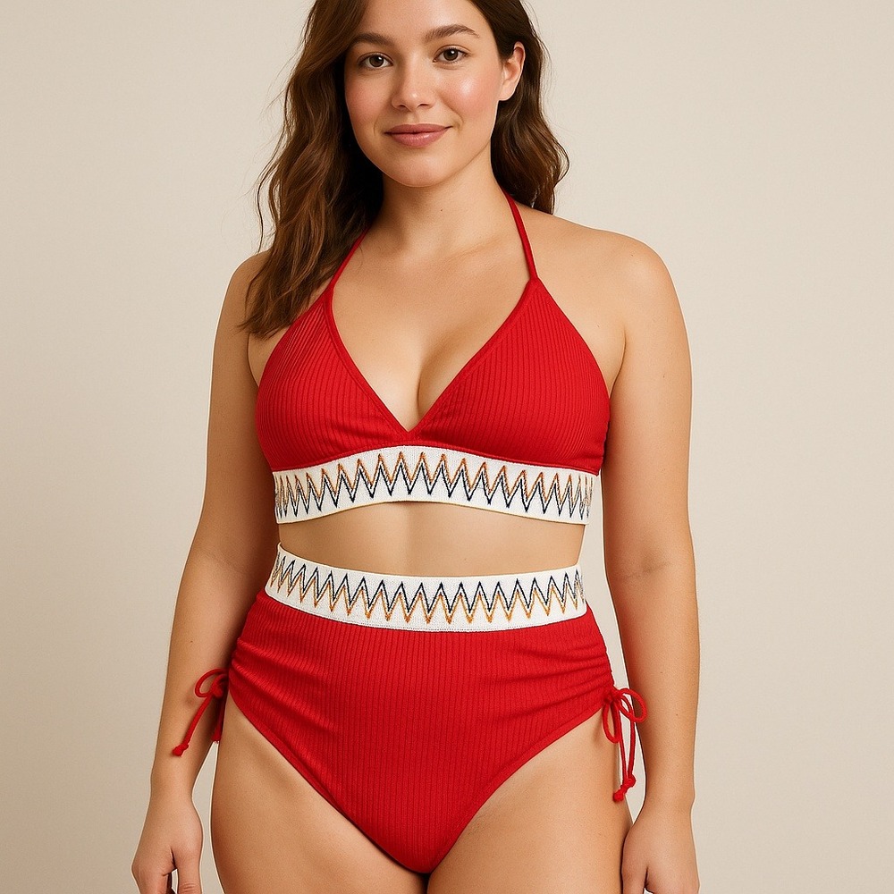 Womens Bikini Set Size L‎ Red Knit High Waist Boho Chic Beach Swimwear Summer